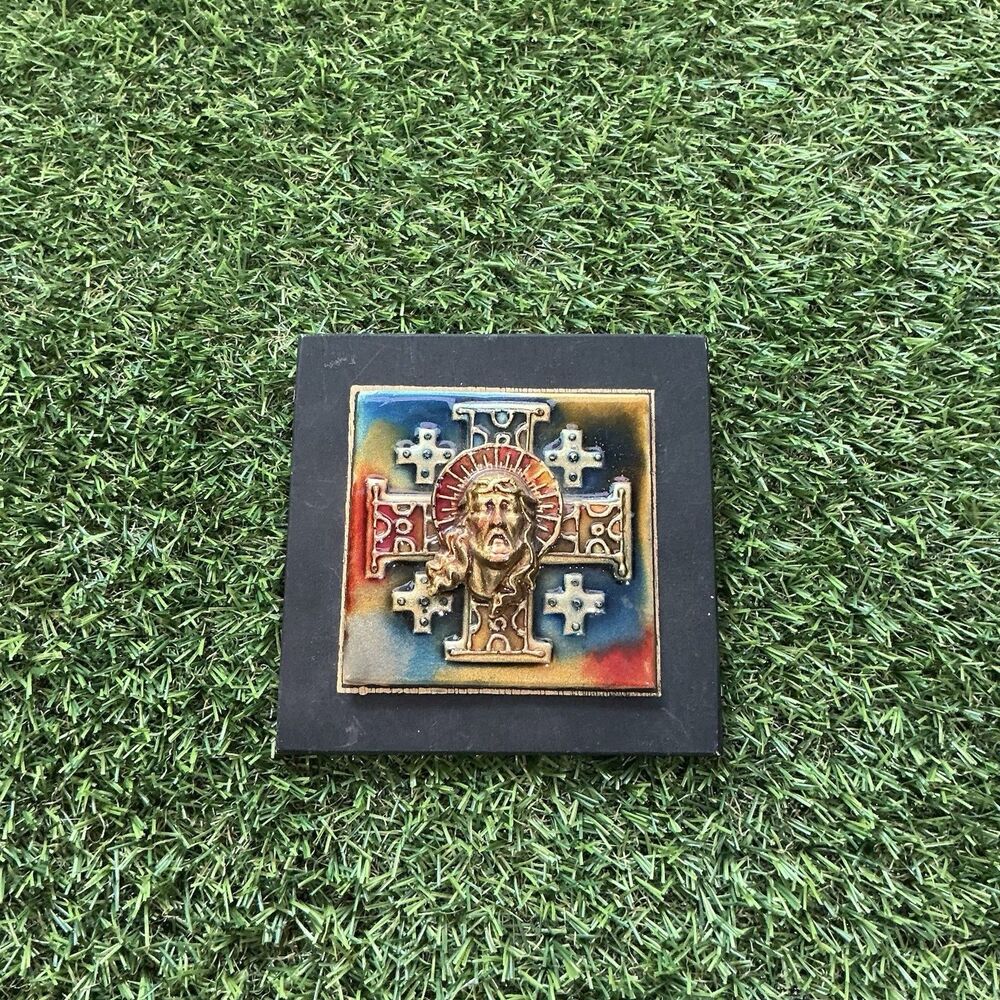 Jesus Christ Cross Wall Plaque Religious Art 4” Raised Relief Colorful Wood Back
